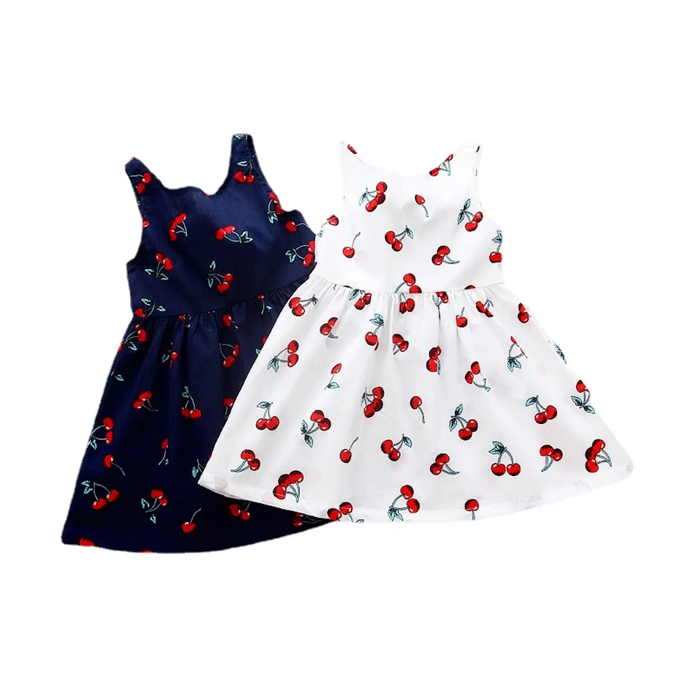 Summer Children Kids Girls Sleeveless Cotton Dresses Sundress Sarafan Cherry Print Backless Satin Band Dress Clothing | Детская одежда