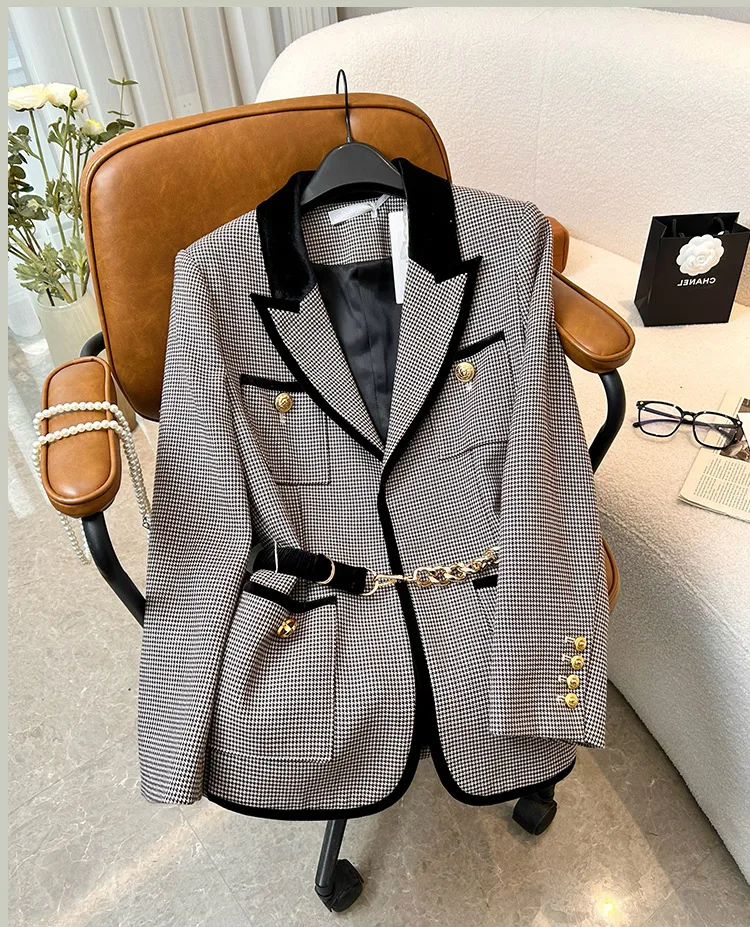 

SuperAen 2023 Spring and Autumn New European Fashion Splice Suit Design Retro Plaid Suit Jacket