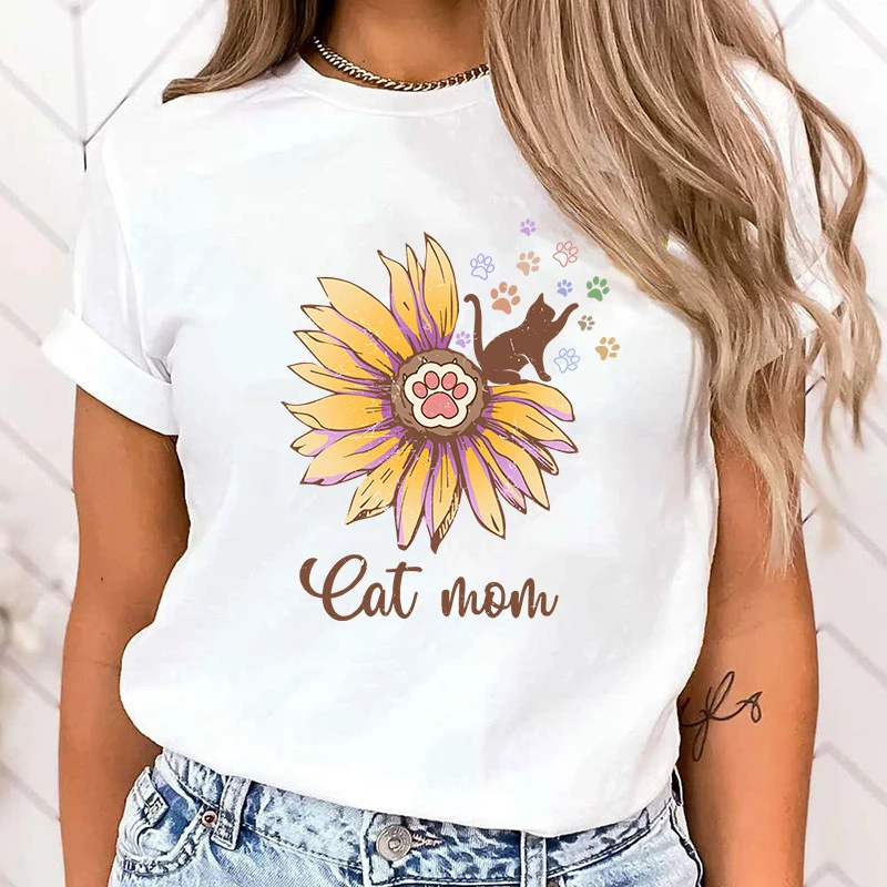 

(High Quality Clothes)New Cat Mom Sunflower Letter Print Clothes Women Summer Short Sleeve Fashion Summer Casual T-Shirt Tops