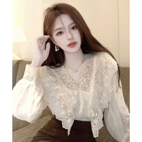 2022 spring new shirt women sexy niche french ruffle v neck lace shirt long sleeved top luxury simple style fashion clothes