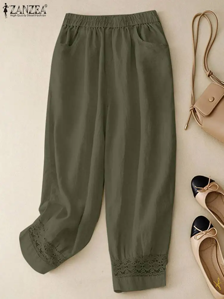 

Элегантные повседневные женские однотонные брюки ZANZEA 2023 с эластичным поясом и карманами, осенние модные длинные брюки, винтажные брюки с прострочкой