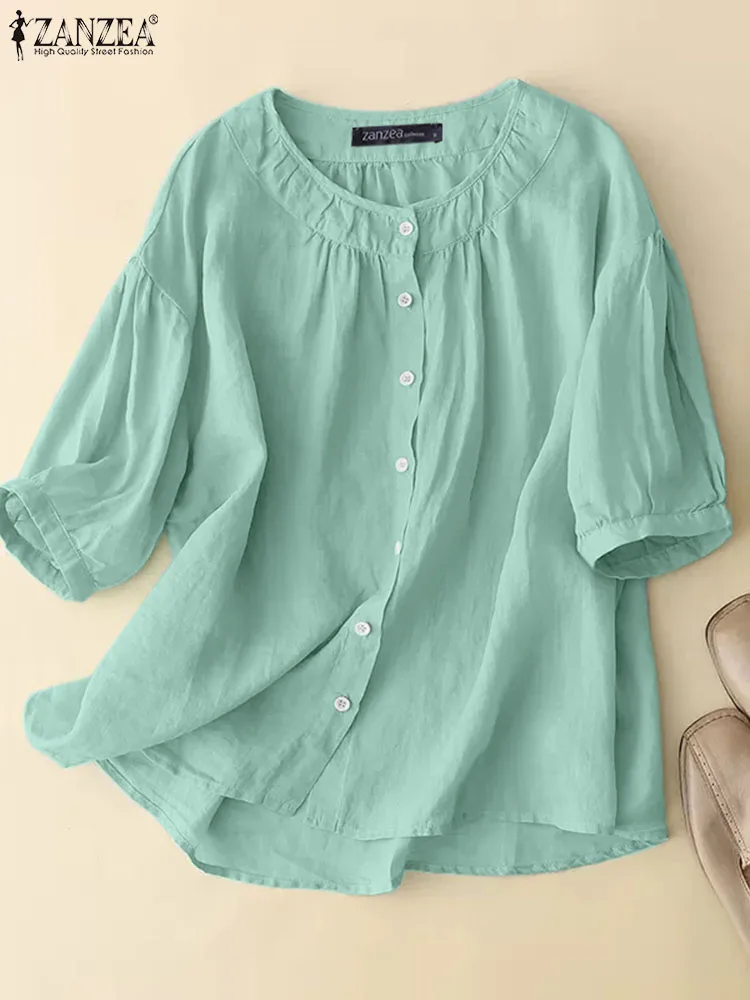 

ZANZEA Woman Fashion Holiday Thin Shirt Summer Half Sleeve O-Neck Blouse Female Elegant Chemise Casual Solid Tunic Tops Oversize