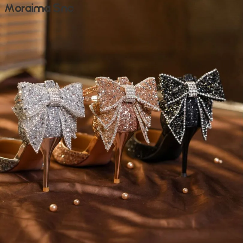 Sequin Butterfly Wedding Shoes Fashion Banquet Pointed Toe Stiletto High Heel Buckle Belt Baotou Pumps Greeter Temperament Shoes