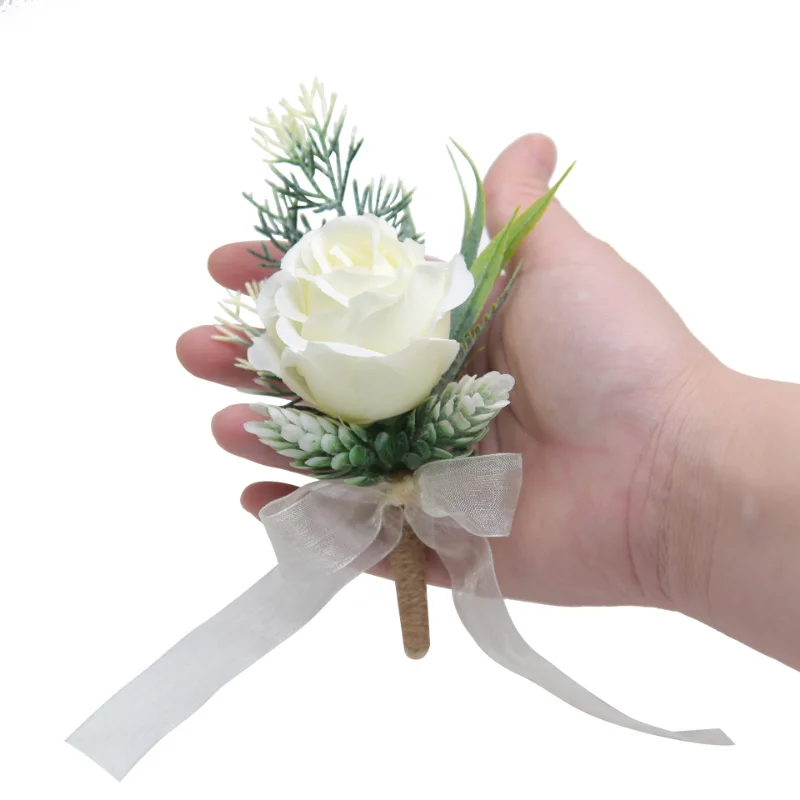 

White Artifical Rose Flowers Boutonniere Wrist Corsage Bridesmaid Sash Groomsmen Wedding Suit Deco Party Accessories