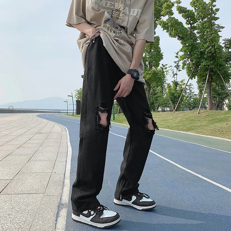Summer Blue/Black Baggy Jeans Men Fashion Casual Ripped Straight Jeans Mens Streetwear Hip Hop Loose Ripped Denim Trousers Men
