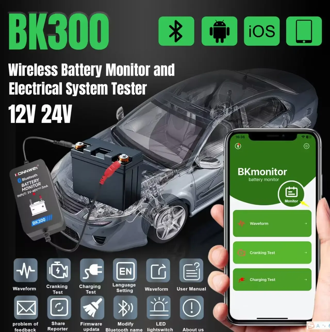 

KONNWEI BK300 Bluetooth Тестер Автомобильного Аккумулятора, Совместимое Мобильное Приложение 6 В/12 В/24 В, Тестер Для Авто