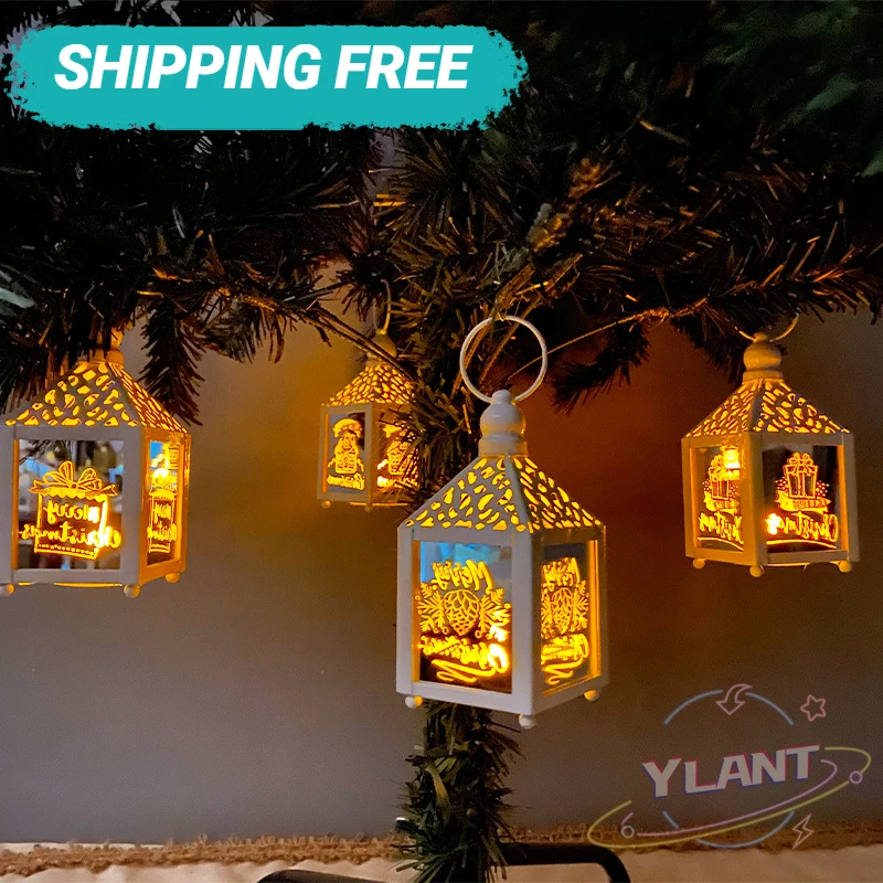 

Рождественский фонарь из кованого железа, маленький фонарь, светодиодное светящееся украшение, олень, снеговик, узор, подарок, Рождественск...