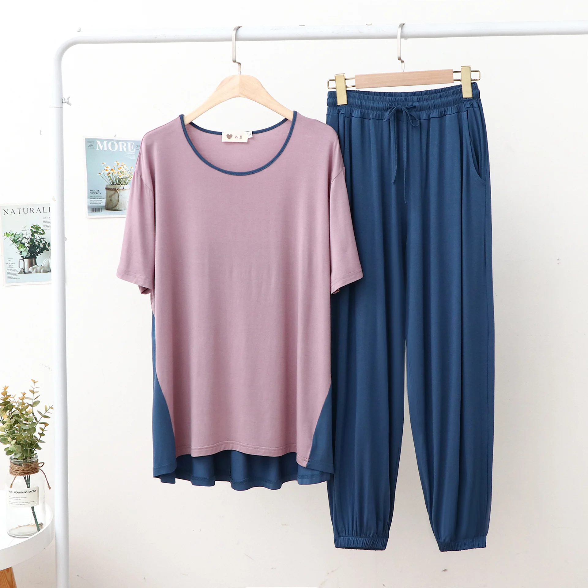 Women Pajamas Modal Tracksuit Spring Cross Splicing Contrasting Colors Short Sleeve Trousers Leisure Comfortable Fashion Suit