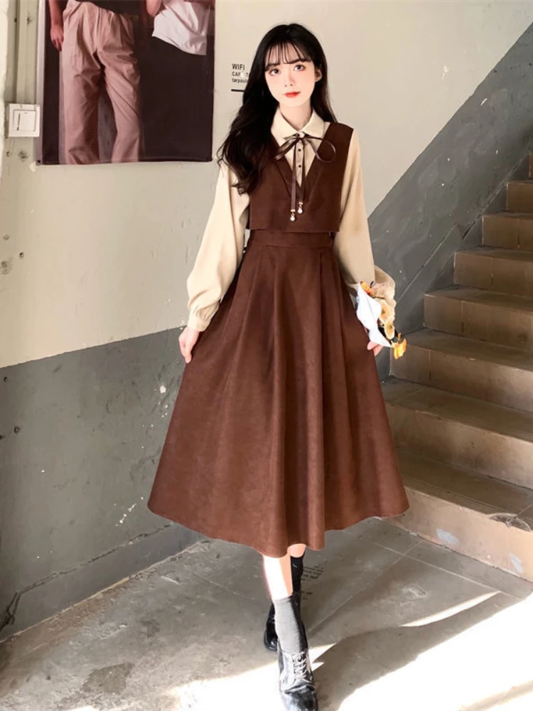 

HOUZHOU Elegant Vintage Long Dress Women Preppy Style Patchwork Long Sleeve Dresses Kawaii Peter Pan Collar Autumn Robe