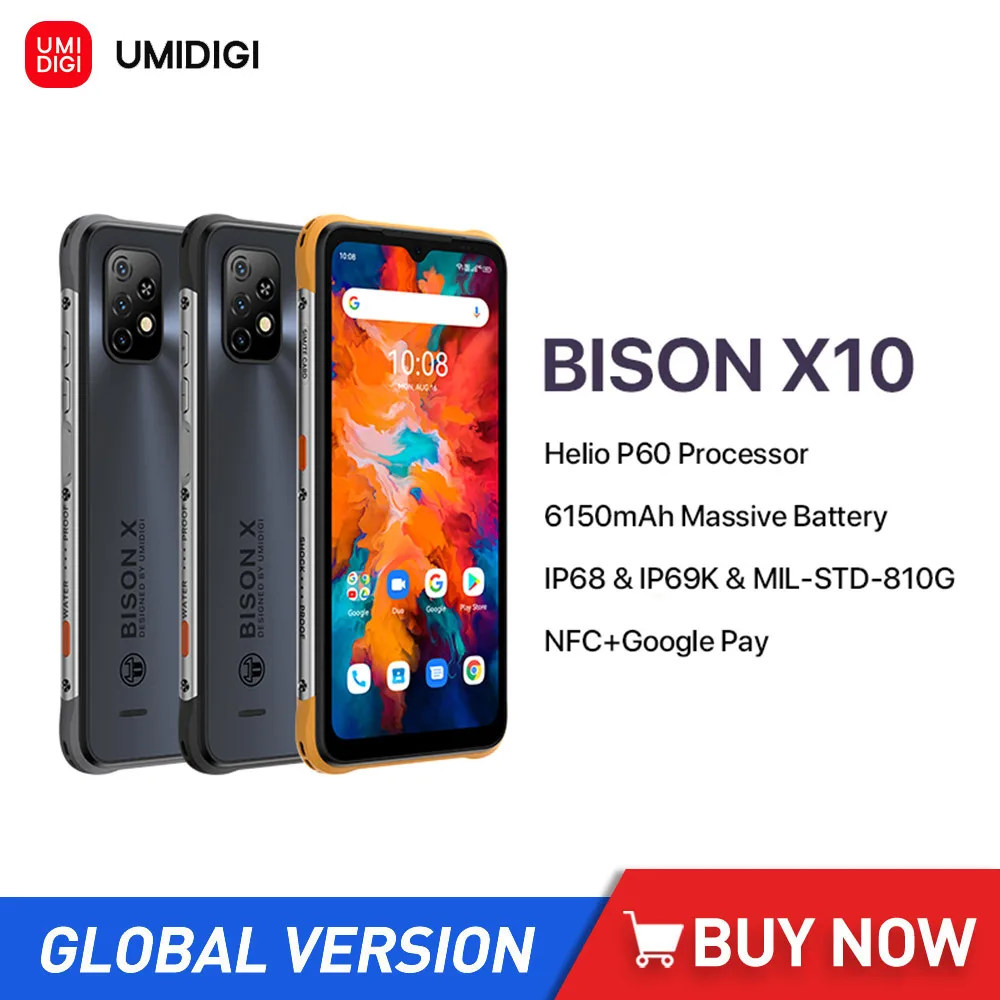 

UMIDIGI Bison X10 Global Version 4G Rugged Waterproof Smartphones 6.53 Inch HD 4GB+64GB 20MP Triple Camera 6150mAH NFC CellPhone