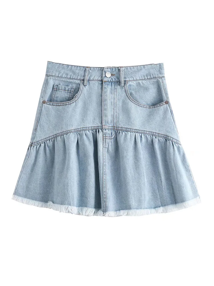 

DYLQFS Women Blue Skirt 2022 Summer Fashion Y2K Street Denim Skirt Slim Girl Retro Chic Ruffle Mini Skirt