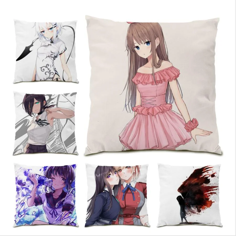 

Cute Living Room Decoration Japanese Pillow Cover Poster Cushion Cover 45x45 Polyester Linen Gift Kawaii Beautiful Girl E0696