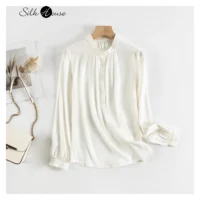 19MM Elastic Double Qiao Light Luxury Texture Silk Stand Collar Shirt This White Ol Style Commuter Versatile Long Sleeve Female