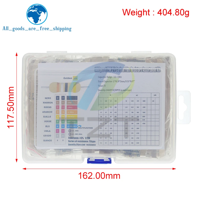 1460 шт./упак. набор резисторов из углеродной пленки 1/2 Вт 5% 73 значения * 10 шт.