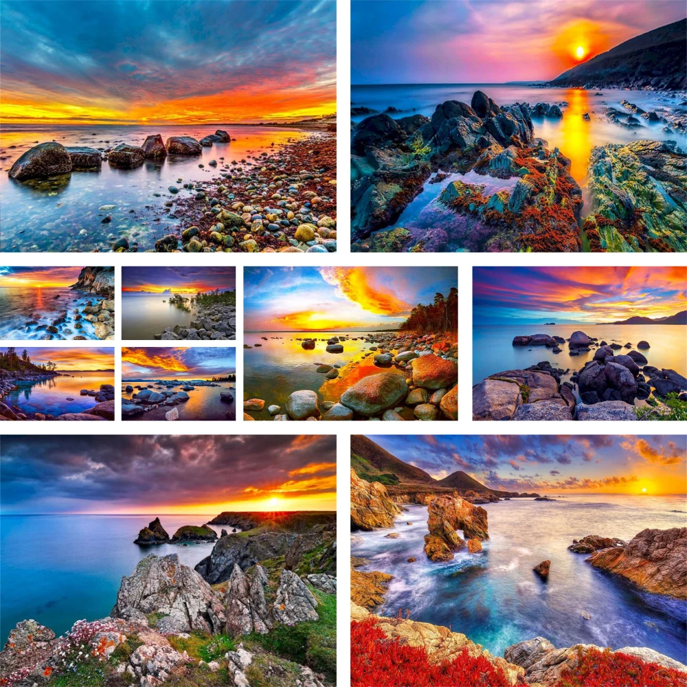 

Handicraft Wall Picture Sunset Seascape Acrylic Paint Painting By Numbers On Chemical Fiber Cloth Adults Crafts for Living Room