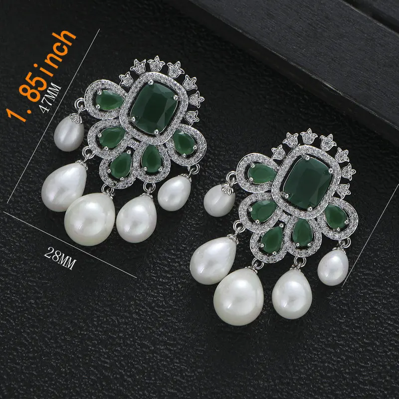 Билицветные модные серьги-кисточки с зеленым кубическим цирконием и белым