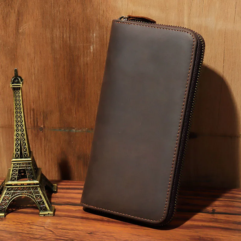 

AETOO New retro Crazy horse leather long purse men's leather business wallet cowhhide zipper bag organ multi-slot bag