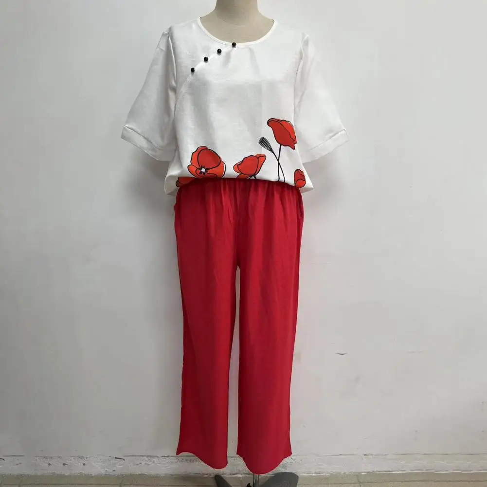 

Chic T-shirt Pants Set Button Decor Lady Top Trousers Set Solid Color Pants Long Pants Lady Top Trousers Set Homewear