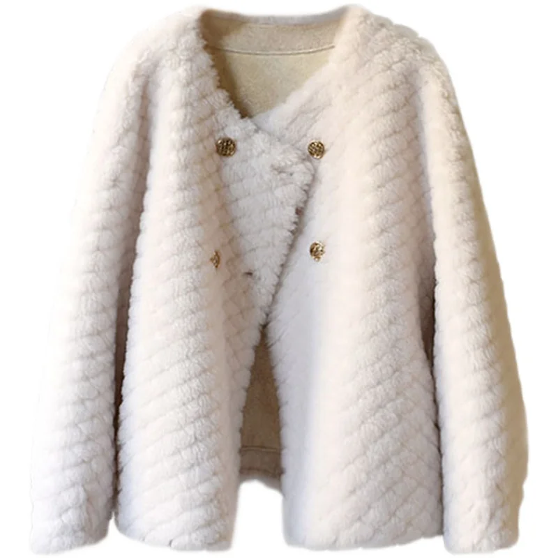 Одежда для женщин OFT2022 новая двубортная овечья стрижка из зерновой флисовой ткани, свободный толстый меховой верхняя одежда из ягнятины, повседневная уличная одежда.