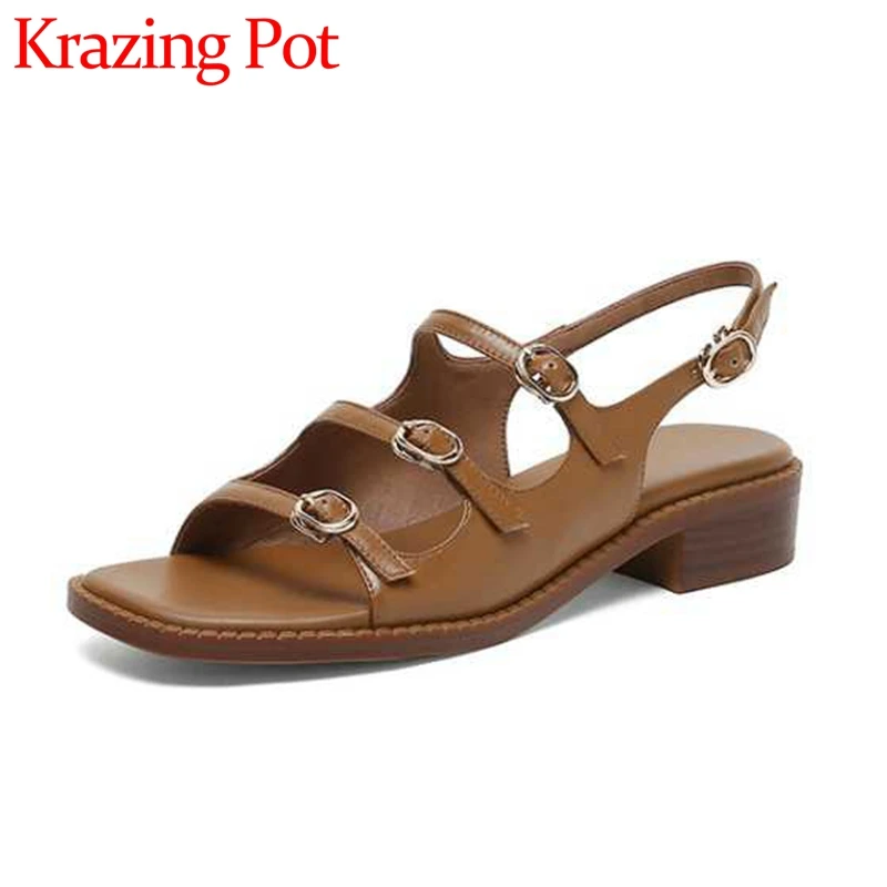 

Krazing Pot Summer New Arrival Genuine Leather Peep Toe Med Heel High Quality Buckle Strap Retro Fashion Cozy Women Sandals L1f8