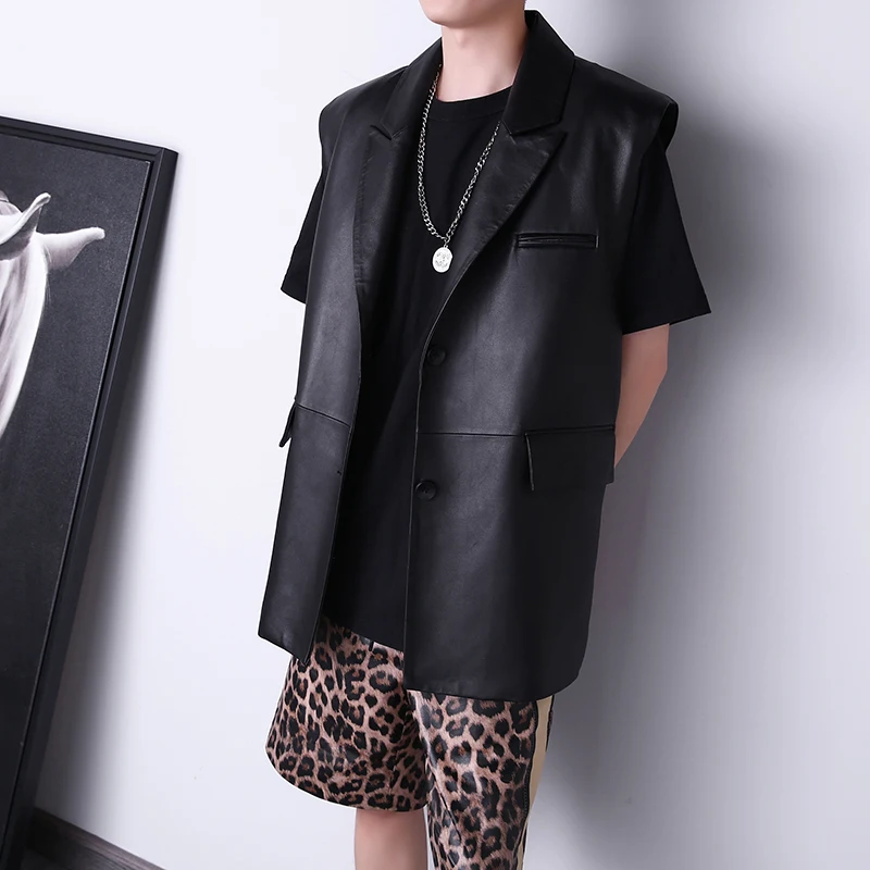 

Men Clothing Male Casual Suit Vest Couple Wear Genuine Leather Shoulder Pad Pockets Loose Sleeveless Jacket Casaco Masculino
