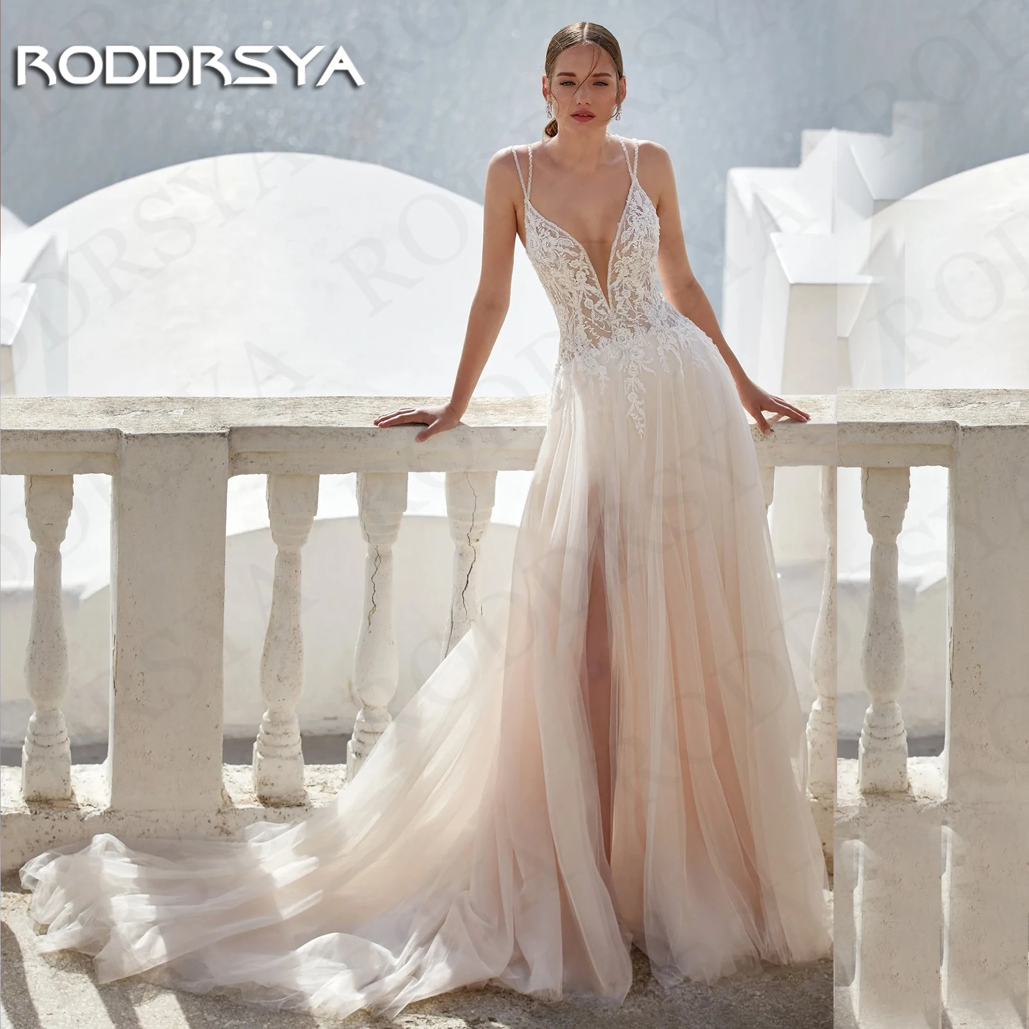 Фото Соблазнительные Свадебные платья RODDRSYA с иллюзией на спине для женщин, 2024, свадебные платья, свадебные платья, тюль с разрезом, трапециевидная фотоаппликация Сексуальные свадебные платья с иллюзией сзади для женщи №1