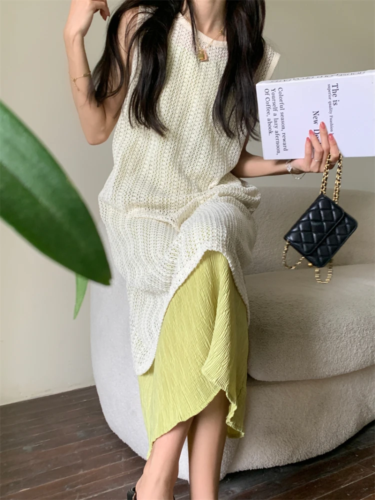 

HOUZHOU Vintage Hollow Out Vest Dress Women Korean Fashion Casaul Spaghetti Strap Long Dress Two Piece Set Summer Streetwear