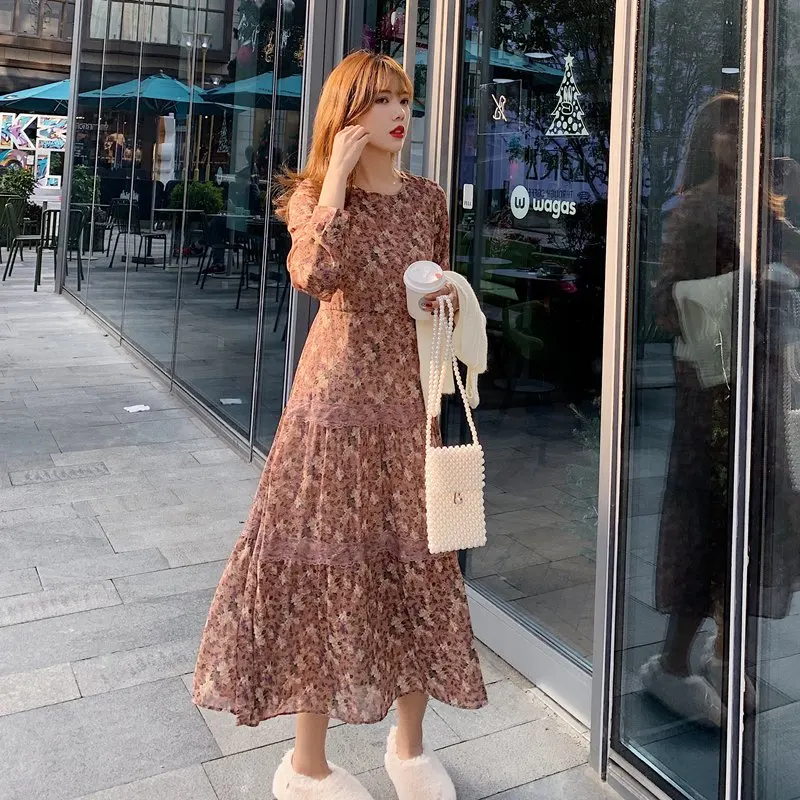 

COIGARSAM Dresses Women 2022 Spring Chiffon Floral Print O-Neck Pink Dress Dropshipping