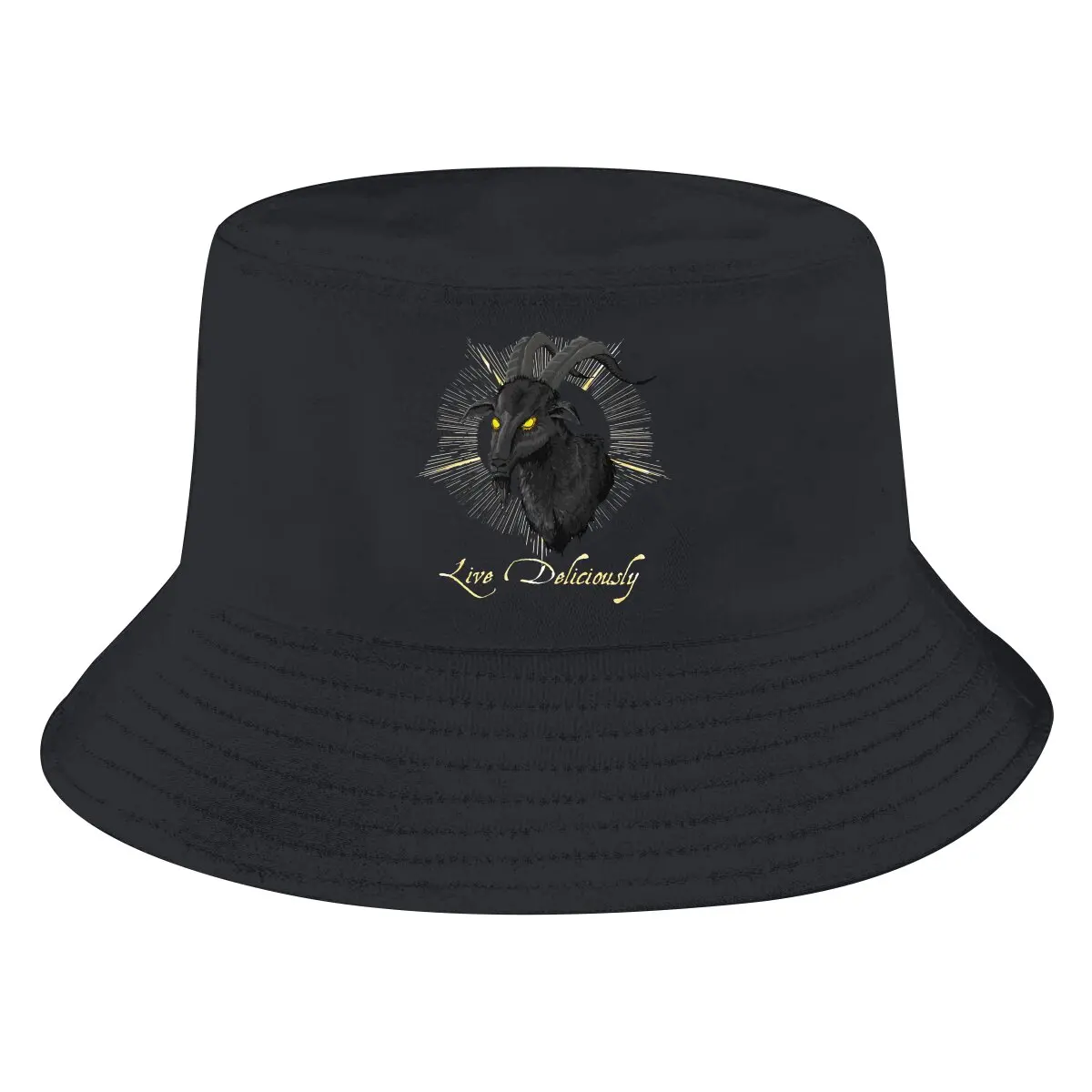 

Black Phillip Live Deliciously Unisex Bucket Hats Baphomet Satan Lucifer Hip Hop Fishing Sun Cap Fashion Style Designed