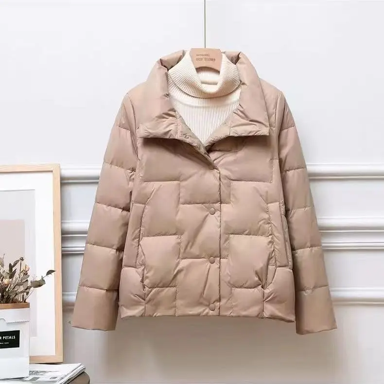 2023 News Winter Women White Duck Down Coat Casual Warm Jacket Female Short Pockets Buttons Warm Ladies Stand Collar M13