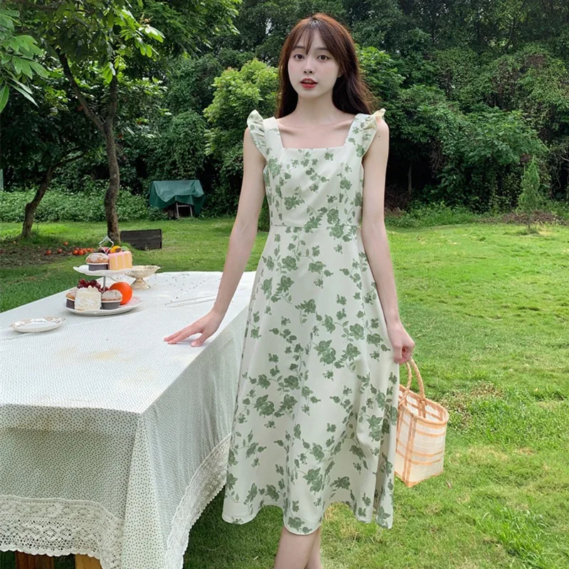 

Green Floral Sleeveless Slim Fit Midi Dress Women Y2K Square Neck Summer Kawaii Casual Party Dress Sundress