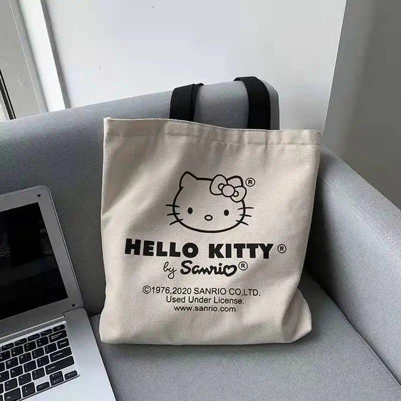 

Сумка на плечо Hello Kitty, повседневная холщовая вместительная сумочка-Шоппер с надписью, модная женская сумка-тоут на молнии в стиле Харадзюку
