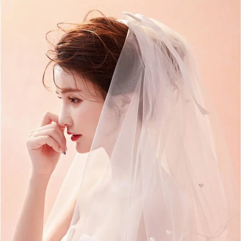N0HE TULLE Wedding Fress Veils White Bowknot Bridal Multi -Layer Hair Check Faux P