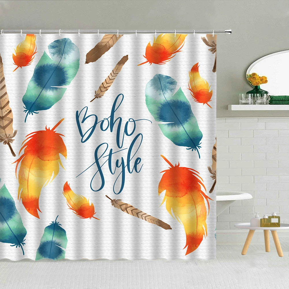 

Feather Shower Curtains Chinese Birds Feather Bathroom Cloth Curtains Set Waterproof Polyester Bathtub Decor With Hooks
