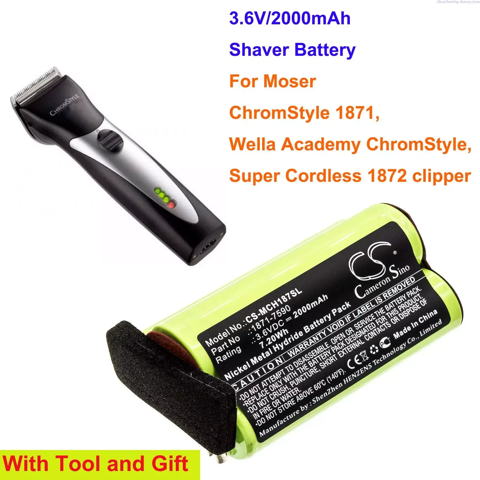 

Cameron sino 2000mAh Shaver Battery 1871-7590 for Moser ChromStyle 1871, Wella Academy ChromStyle, Super Cordless 1872 clipper