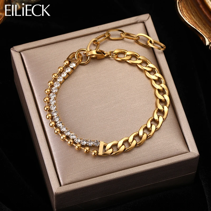 

EILIECK 316L Stainless Steel Zircon Crystal Chain Thick Bracelet For Women Trendy Fashion Waterproof Gold Color Body Jewelry