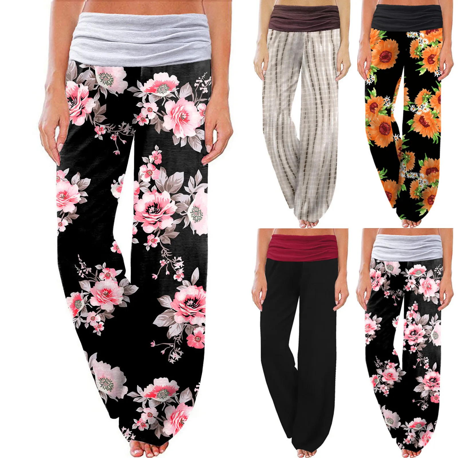 

Women Casual Spring And Summer Simple Home Trousers Solid Color Sunflower Print High Waist Pants Suits For Women Business Casual