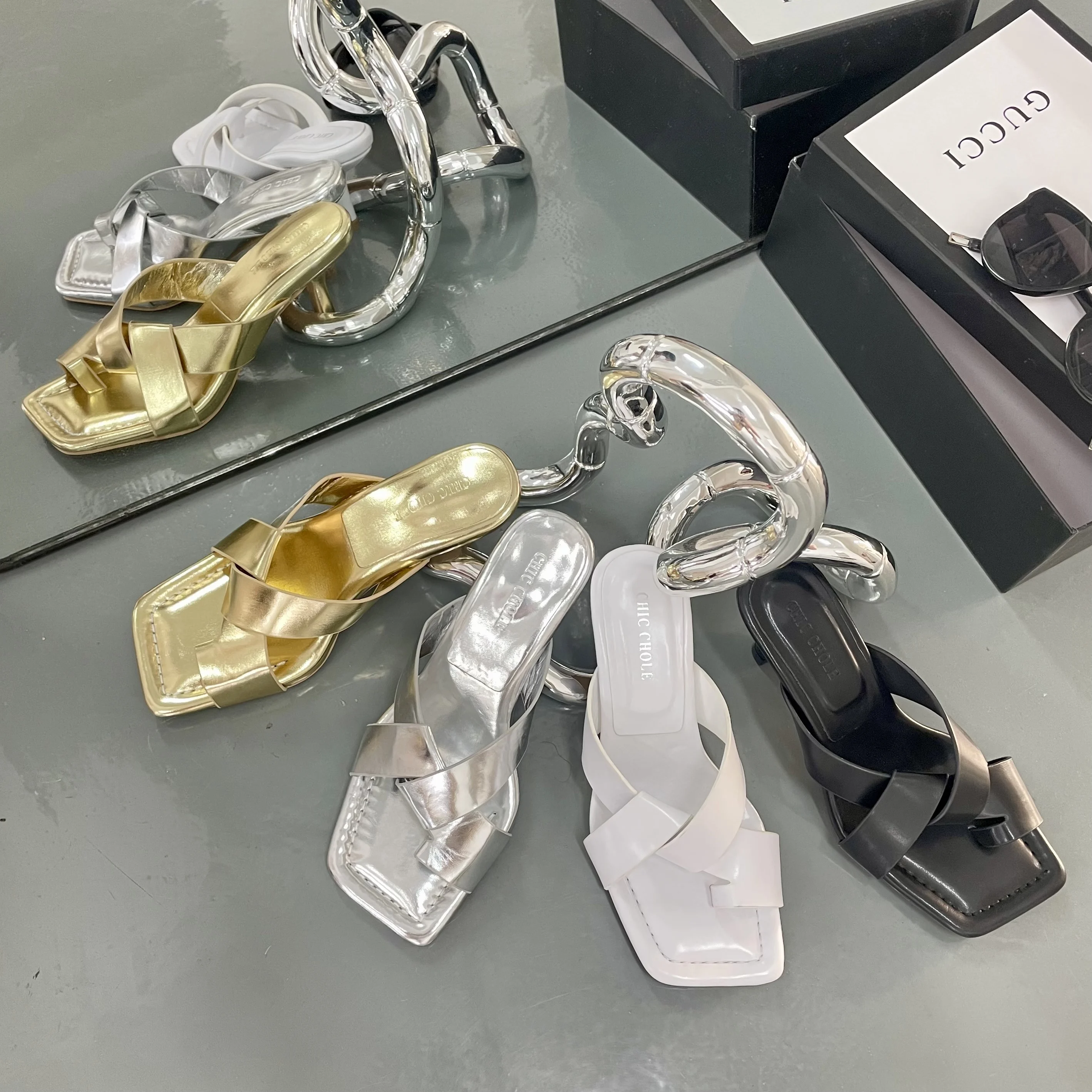 

Clip Toe Women Slippers Gold Black White Silver Summer Outsides Slides Thin High Heels Party Pumps Dress Shoes Woman Size 39