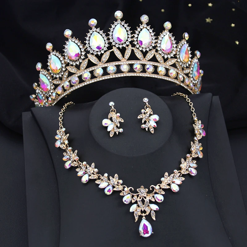

Baroque AB Crystal Purple Crown Jewelry Sets for Girls Tiaras Necklace Earrings Party Prom Wedding Jewelry Set Bridal Accessory