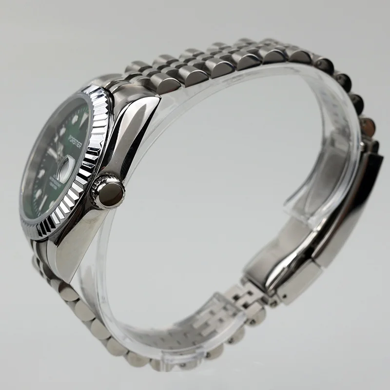 PORSTIER 36mm NH35 Men Watch Automatic Mechanical Classic Green Dial Date Luminous Sapphire Stainless Steel Waterproof Watches