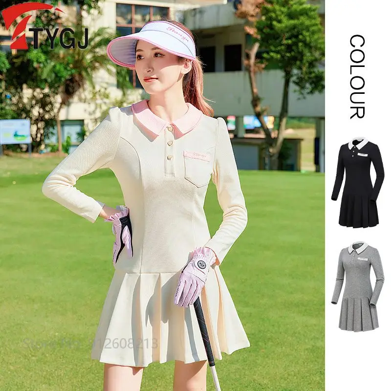 TTYGJ New Women Long-sleeve Slim Sports Dress Ladies High Waist Golf Polo Shirt Dress Autumn Winter Golf Pleated Skirt OL Jersey