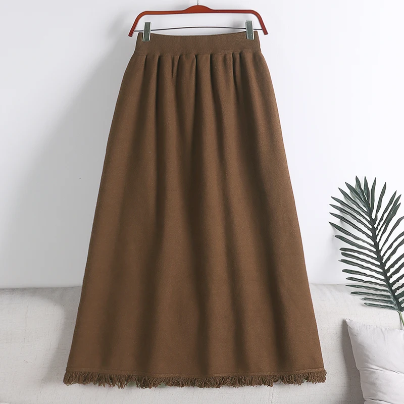 

Knit Tassels Skirts High Waist Elastic Jupe Mujer Faldas New Autumn&Winter Long Skirt Casual Women Vintage Clothes Dropshipping