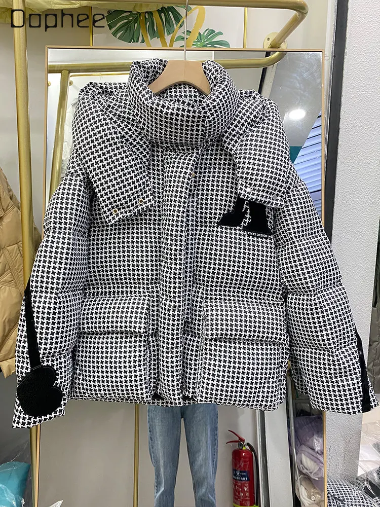Women's Winter Houndstooth Jackets 2022 Down Jacket Fashion Loose Woman Short Thick White Duck Down Coats for Women Long Sleeve