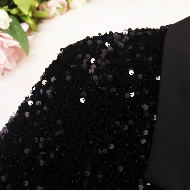 New Fashion Women Shiny Double-breasted Sequins Suit Jacket Female Cotton Coat Black Slim Fit Blazers Fall Clothes with Belt