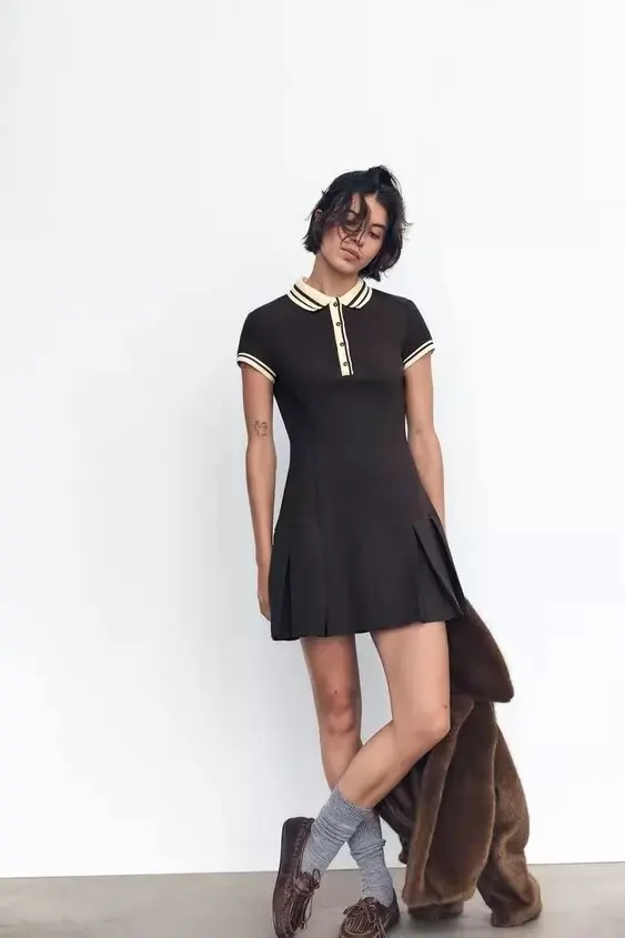 Юбка 2024 новинка зимы женская одежда контрастный цвет ребристый воротник широкое