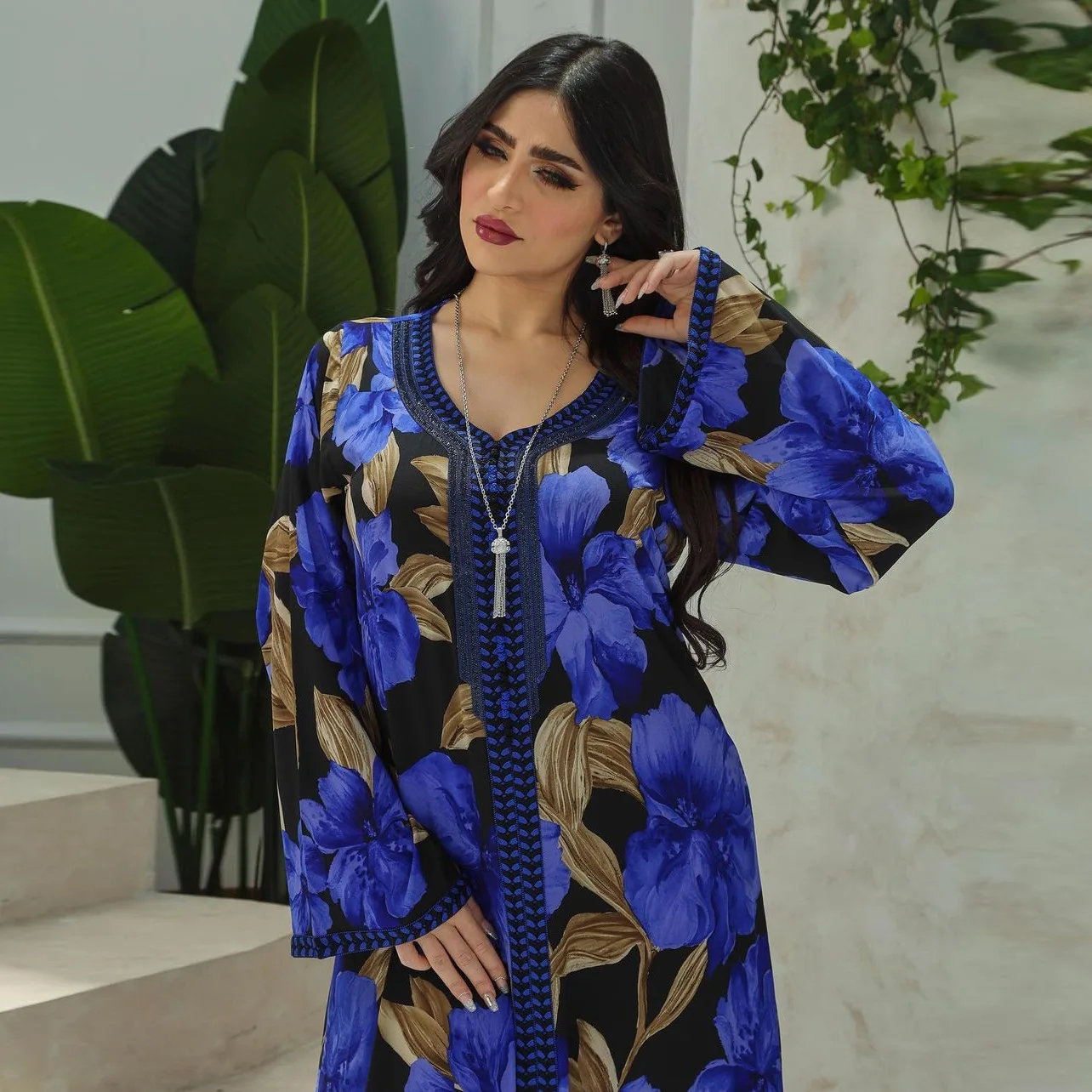 Muslim Clothing Islamic Women Turkey Dubai Abaya Dress Long Sleeve Blue Flower Print Rhinestone Moroccan Loose Fashion Kaftan