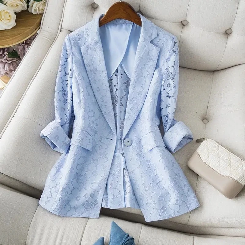 V-neck Blue Women Blazer 2022 New Elegant Lace Hollow Out Thin Summer Blazers Lady Office Suit Jackets Coat Slim Tops