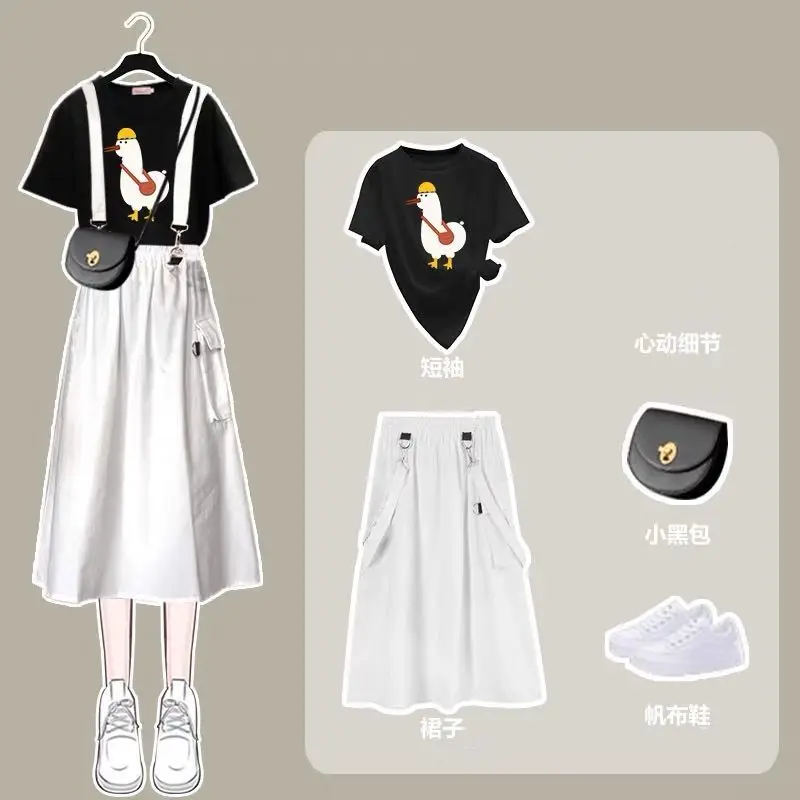 

Dress Sets Women 2022 Summer Suit Kawaii Student Korean Harajuku Chick Print Short-sleeved T-shirt Skirt Two-piece Cargo Sets