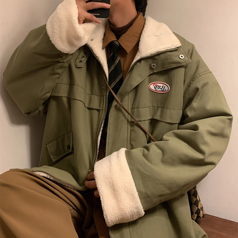 Japanese Fashion Men's Vintage Military Jacket Cotton Padded Jacket for Men Winter Thickened Cotton Parkas Lamb Wool Casual Coat