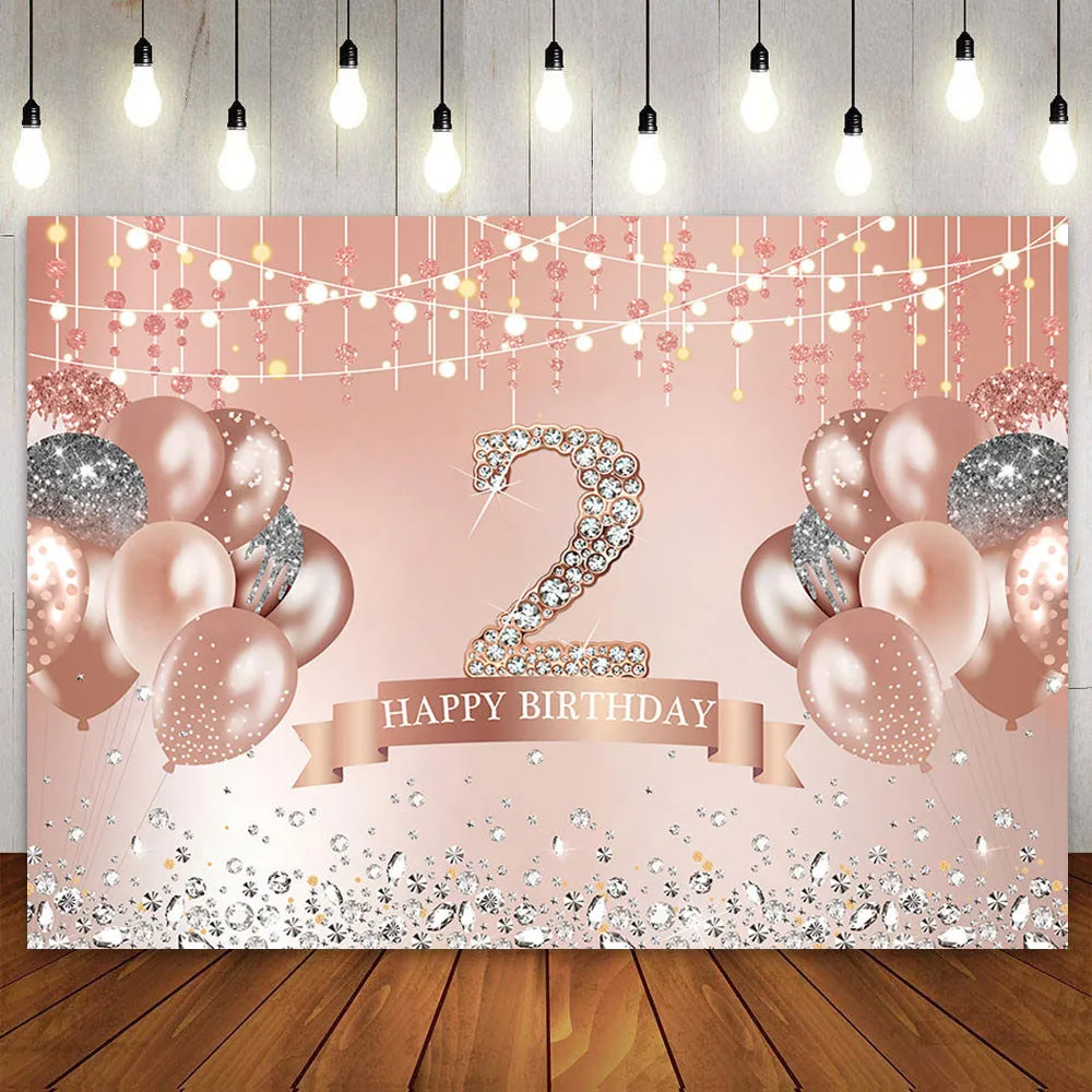 

Rose Gold 2nd Second Birthday Party Decoration Backdrop for Baby Girls Two Years Old Photo Booth Banner Pink Fabric Background